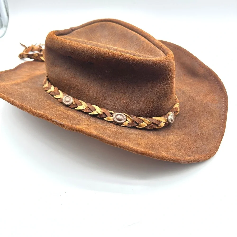 Vintage Brown Suede Leather Cowboy Hat Braided Band Concho Western Mexico Hat L